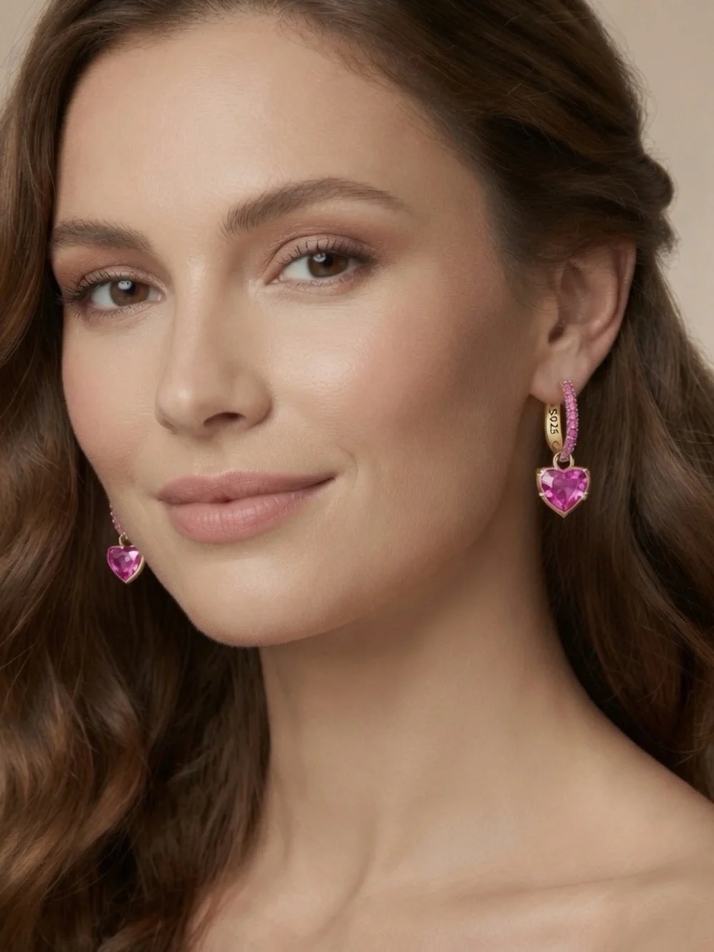 Sterling silver Heart Hoop Earrings with gold tones and pink heart